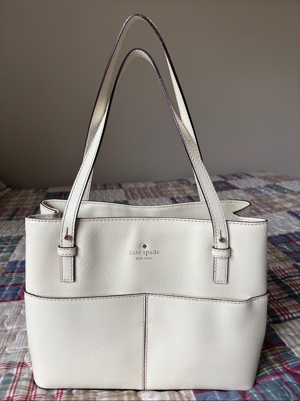 kate spade Cream Pebbled Leather Tote with Exterior Pockets